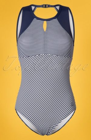 50s Loiza Stripes Swimsuit in Navy and White
