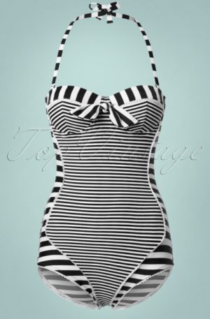 50s Nancy Stripes Halter Swimsuit in Black and White