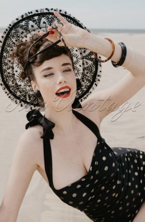 50s Zsa Zsa Gold Polkadot One Piece Swimsuit in Black