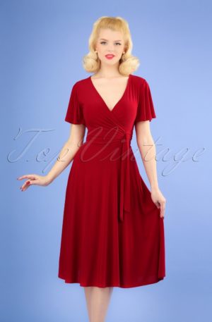40s Irene Cross Over Swing Dress in Red