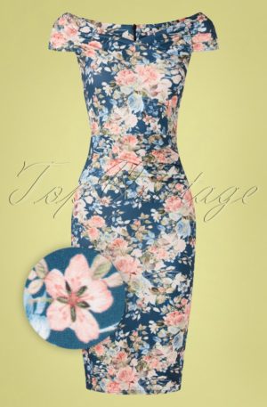 50s Donna Floral Pencil Dress in Blue