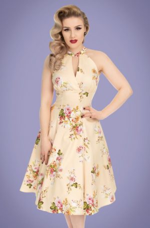 50s Lucinda Floral Swing Dress in Cream