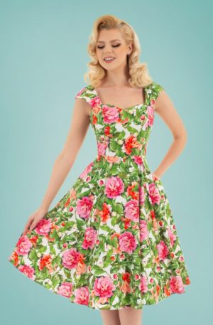 50s Penny Floral Swing Dress in Green and Pink