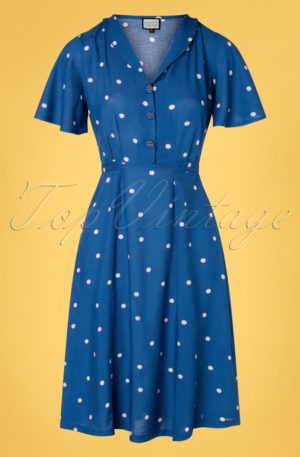 40s A Lovely Moment Polkadots Dress in Blue
