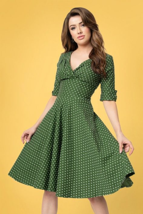 50s Delores Dot Swing Dress in Green and White