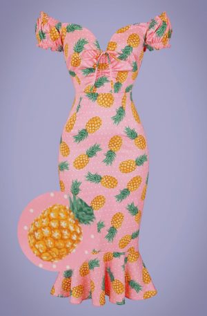 50s Sasha Pineapple Fishtail Pencil Dress in Pink