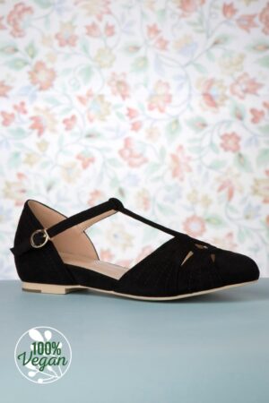 London Flache Schuhe mit T-Riemen in Schwarz