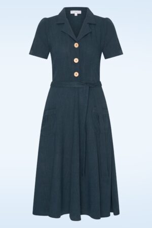 Revers Leinen Midikleid in Marino Blau
