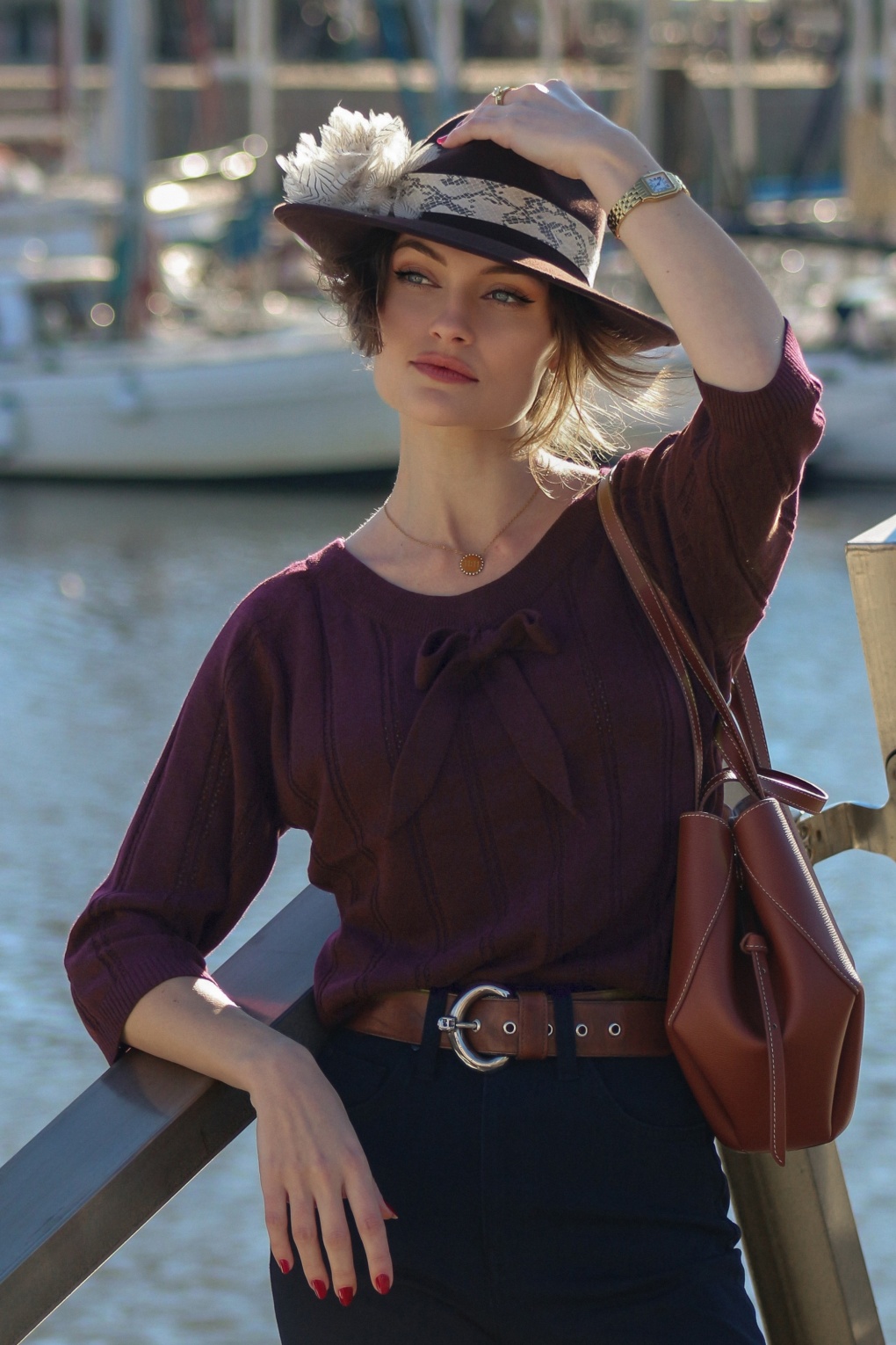 Belle Bow Pointelle Top in Aubergine
