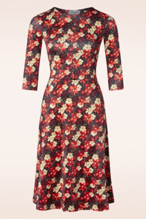 Martha Floral Swing Kleid in Schwarz und Orange.