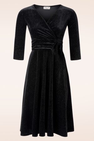 Aria Samt Glitzer Swing Kleid in Schwarz.