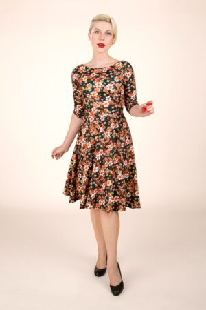 Nina Flower Swing Kleid in Grün und Orange