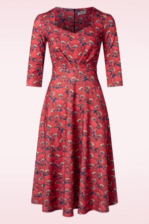 Ruby Floral Swing Kleid in Rot und Blau.