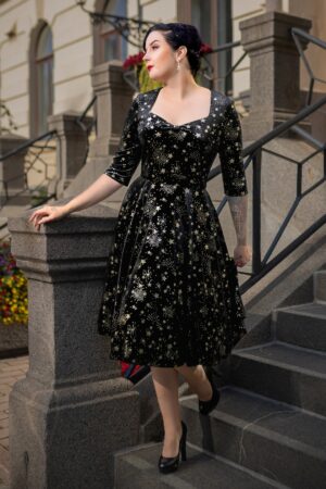 Topvintage exklusiv ~ Eliane Samt Sterne Swing Kleid in Schwarz