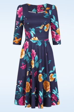 Exklusiv bei Topvintage ~ Petal Promise Swingkleid in Marineblau und mehrfarbig