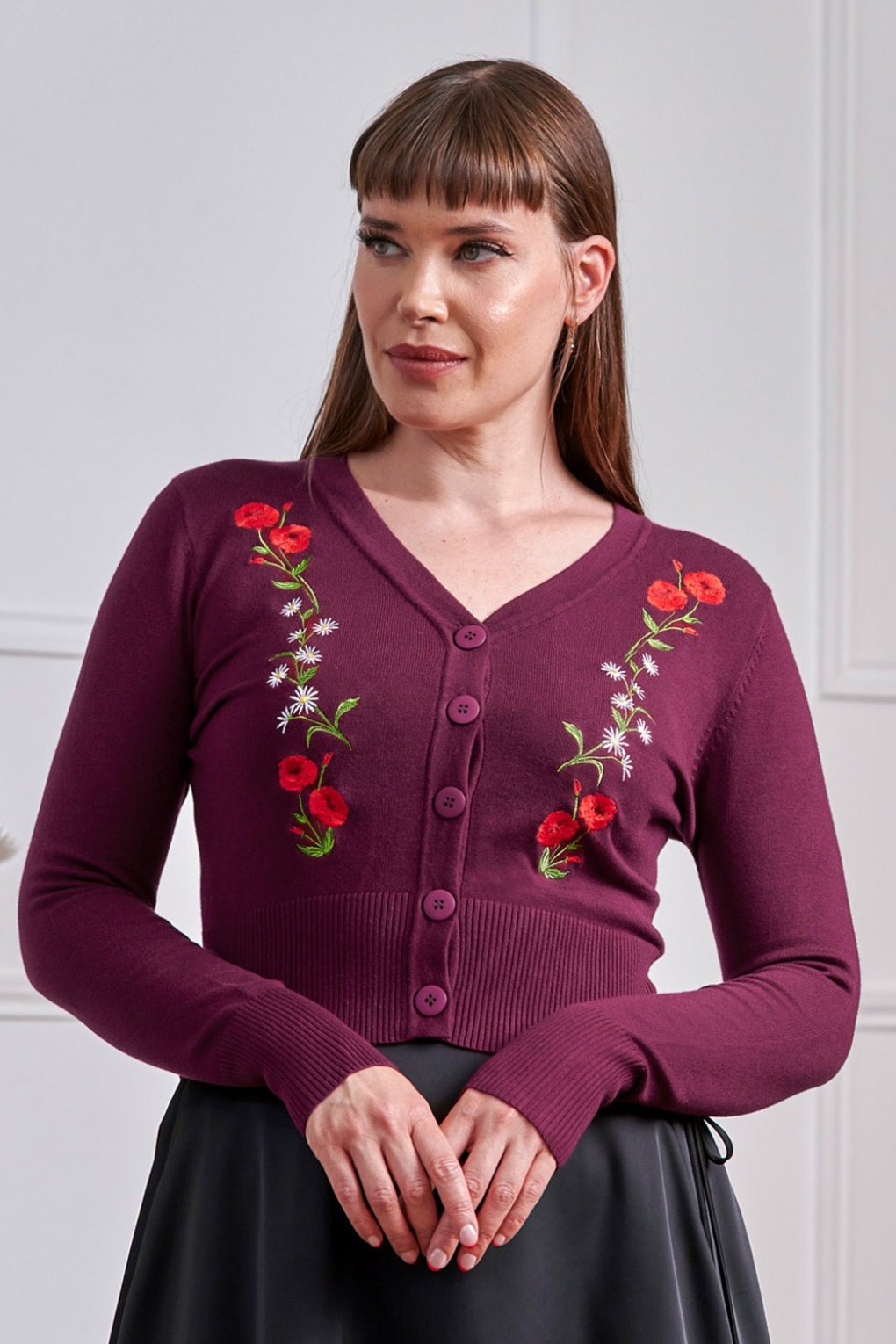 Nara Roses & Daisies Cardigan in Weinrot