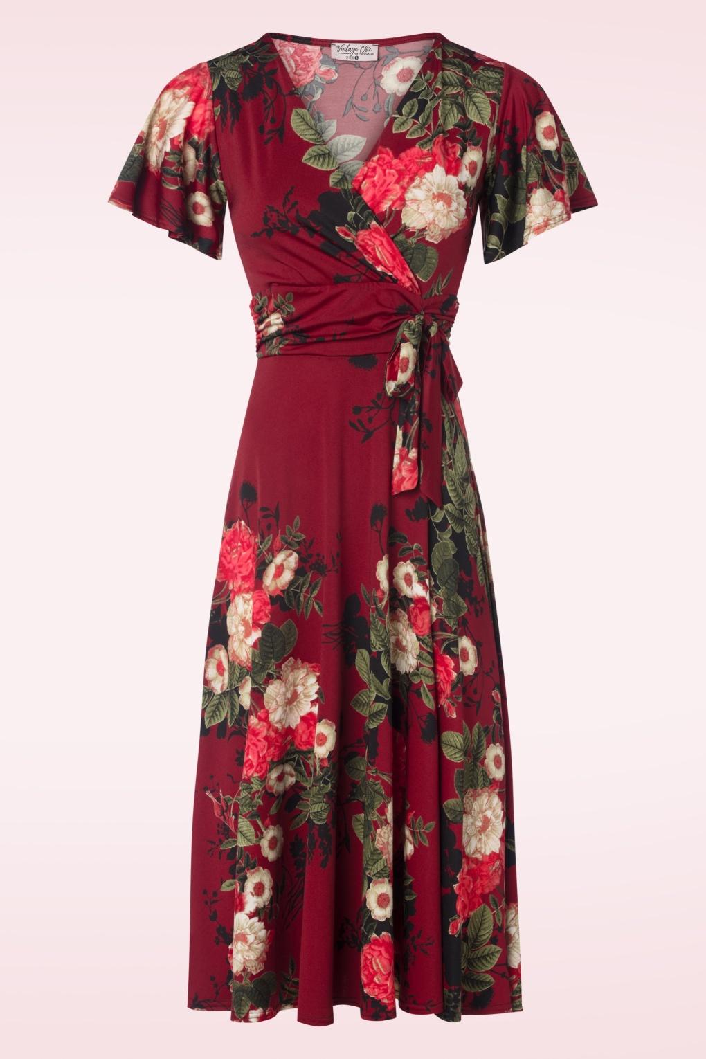 Irene Floral Cross Over Swing Kleid in Weinrot