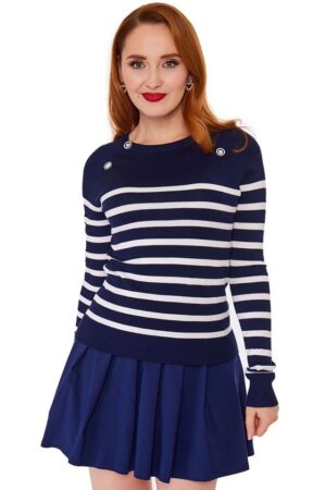 Voodoo Vixen Strickpullover Nautical Stripe And Button Sweater Retro Vintage Jumper