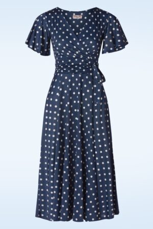 Irene Polkadot Cross Over Swing Kleid in Marineblau