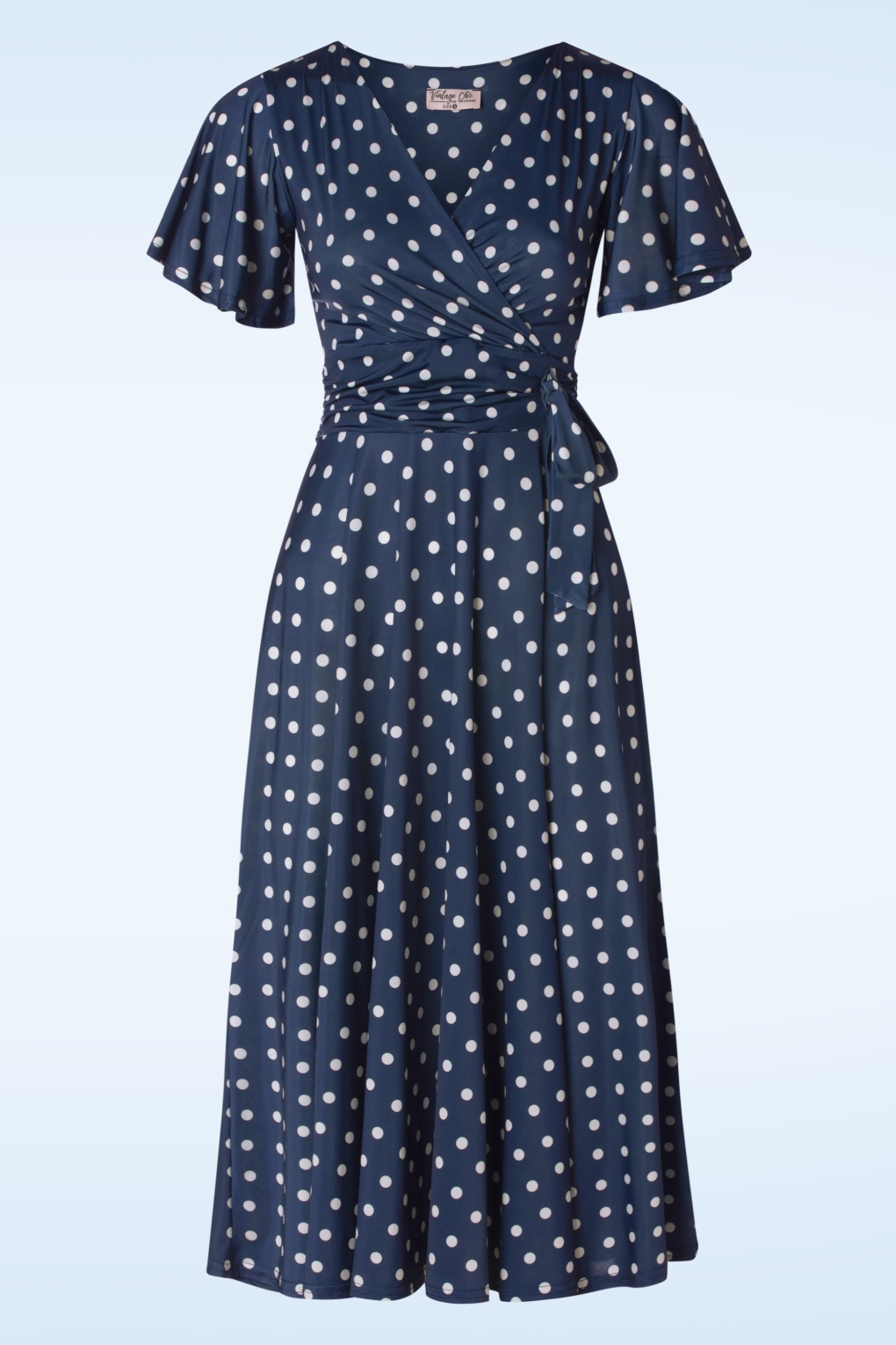 Irene Polkadot Cross Over Swing Kleid in Marineblau