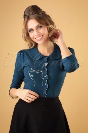 Katze Scallop Kragen Strickjacke in Türkis.