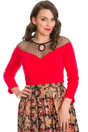 Banned Shirttop Evita Evening Rot Retro Langarm Shirt Vintage Oberteil Rockabilly