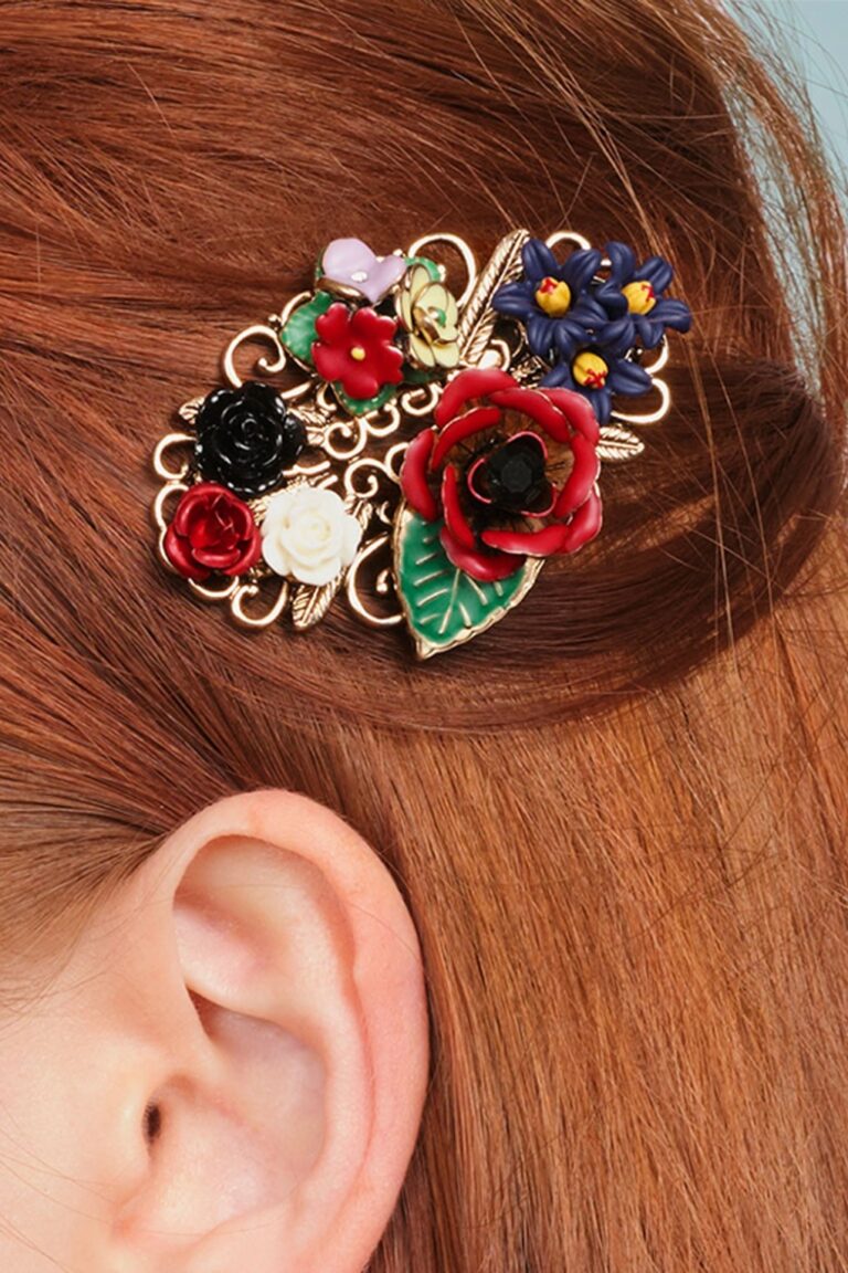 Freda Flower Cluster Haarspange und Brosche in Gold und Multi