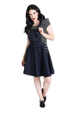 Hell Bunny A-Linien-Kleid Dakota Pinafore Dress Navy Retro Vintage Latzkleid Denimkleid