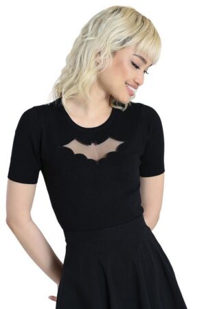 Hell Bunny Stricktop Bat Top Schwarz Vintage Rockabilly Retro Gothic Goth