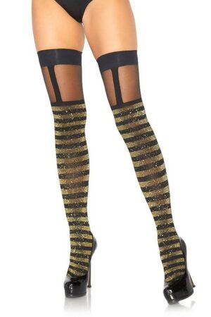 Leg Avenue Strapsstrümpfe Goldgestreifte Glitzerstrümpfe