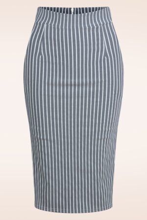Loreen Bengaline Gestreifter Bleistiftrock in Denim und Weiß.