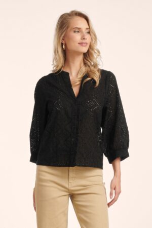 Amélie Bestickte Baumwollbluse in Schwarz