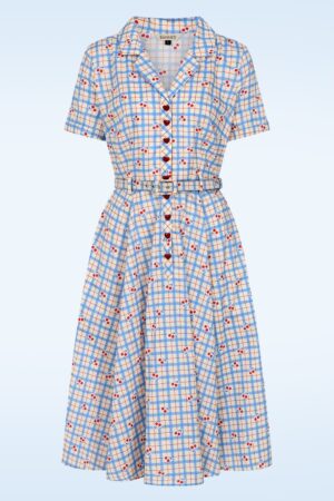 Bella Cherry Kariertes Baumwoll-Swingkleid in Blau