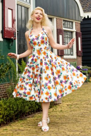 Bettie Tropical Flower Swing Kleid in Weiß und Multi