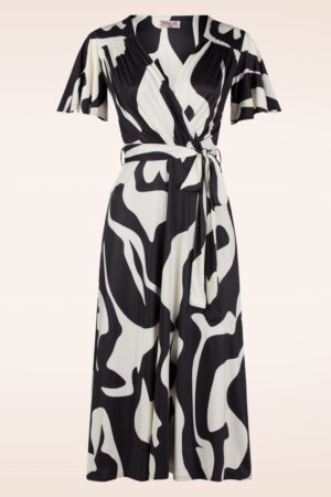 Brooke Abstract Cross Over Swing Dress in Schwarz und Weiß.