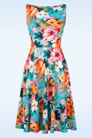 Cindi Bouquet Swing Kleid in Blau und Multi
