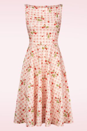 Cindi Strawberry Gingham Swing Kleid in Off White und Rosa