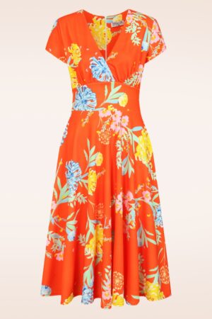 Exklusiv bei Topvintage ~ Miley Oriental Flower Swingkleid in Orange