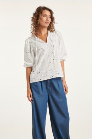 Flora Bestickte Baumwollbluse in Weiß