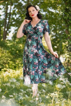 Irene Tropical Floral Cross Over Swingkleid in Schwarz