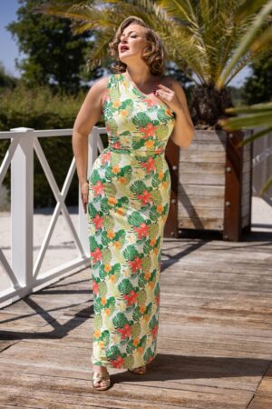 Olga Tropical Leaves One Shoulder Maxikleid in Grün