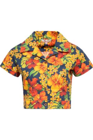 QueenKerosin Kurzarmbluse Hibiskus mit tropischem Allover-Print