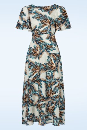 Rene Feathers Leinen Maxikleid in Creme und Blau.