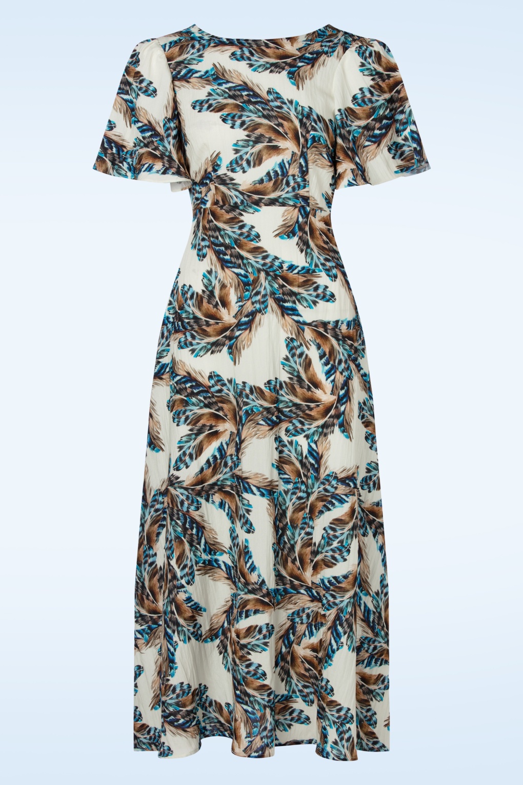 Rene Feathers Leinen Maxikleid in Creme und Blau.