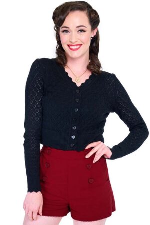 Voodoo Vixen Strickjacke Scalloped Edge Heart Knit Schwarz Retro Vintage Cardigan Herzmuster