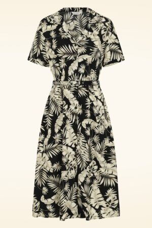 Yvette Palm Leaves Kleid in Schwarz und weichem Gelb.