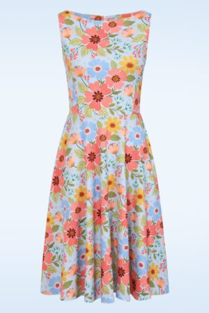 Exklusiv bei Topvintage ~ Cindi Pink Floral Swingkleid in Himmelblau