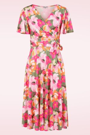 Exklusiv bei Topvintage ~ Irene Floral Cross Over Swingkleid in Khaki und Rosa