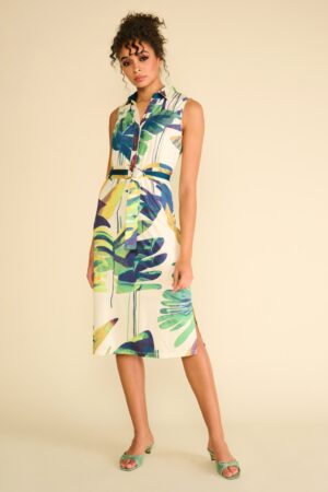 Lillian Leave Print Midikleid in Creme und Grün