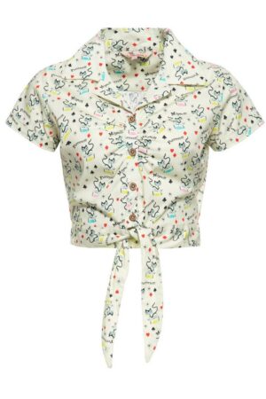 QueenKerosin Kurzarmbluse Retro Cats mit Bindeband am Saum